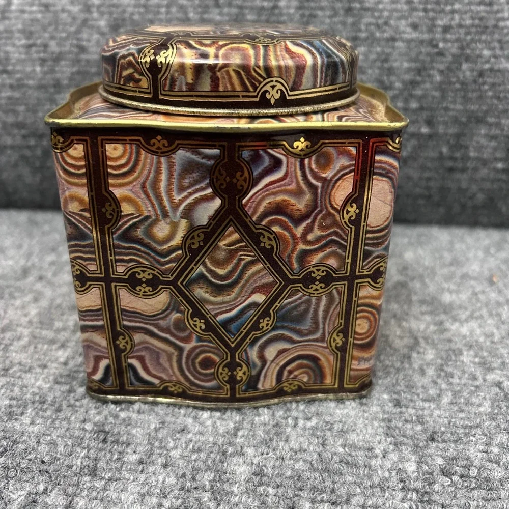 Dodo Designs Vintage Tea Canister Marbled Agate Pattern Tin Made in England Gold